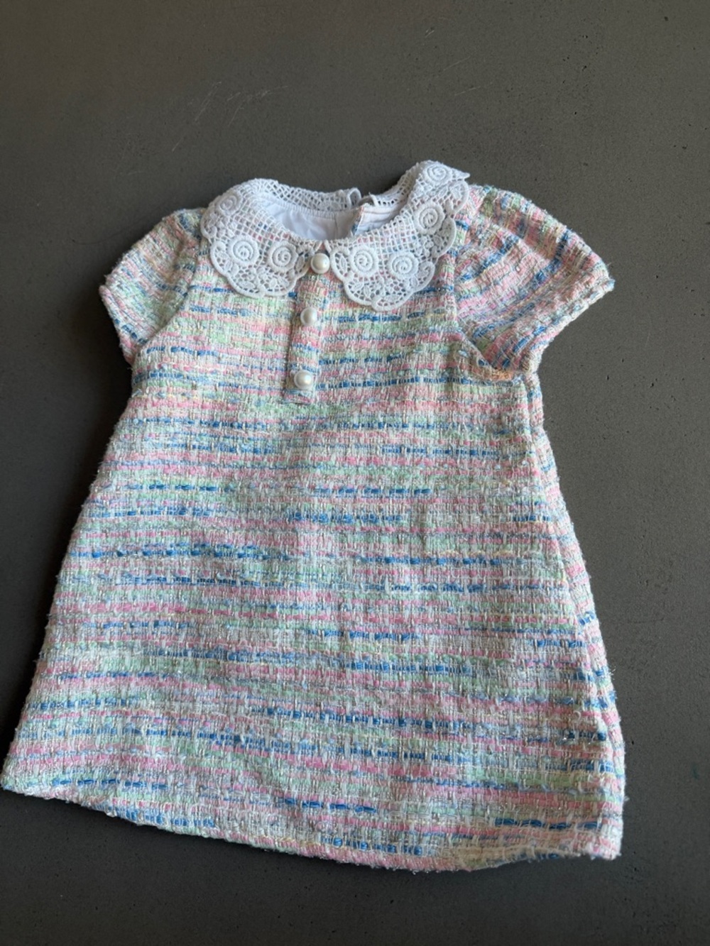 Janie and Jack Pastel Multicolor Tweed Dress with White Lace Collar
